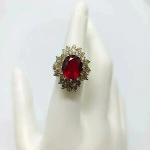 18KT HGE Gold Electroplate Red Rhinestone Vintage Cocktail Ring Size 7 NOS